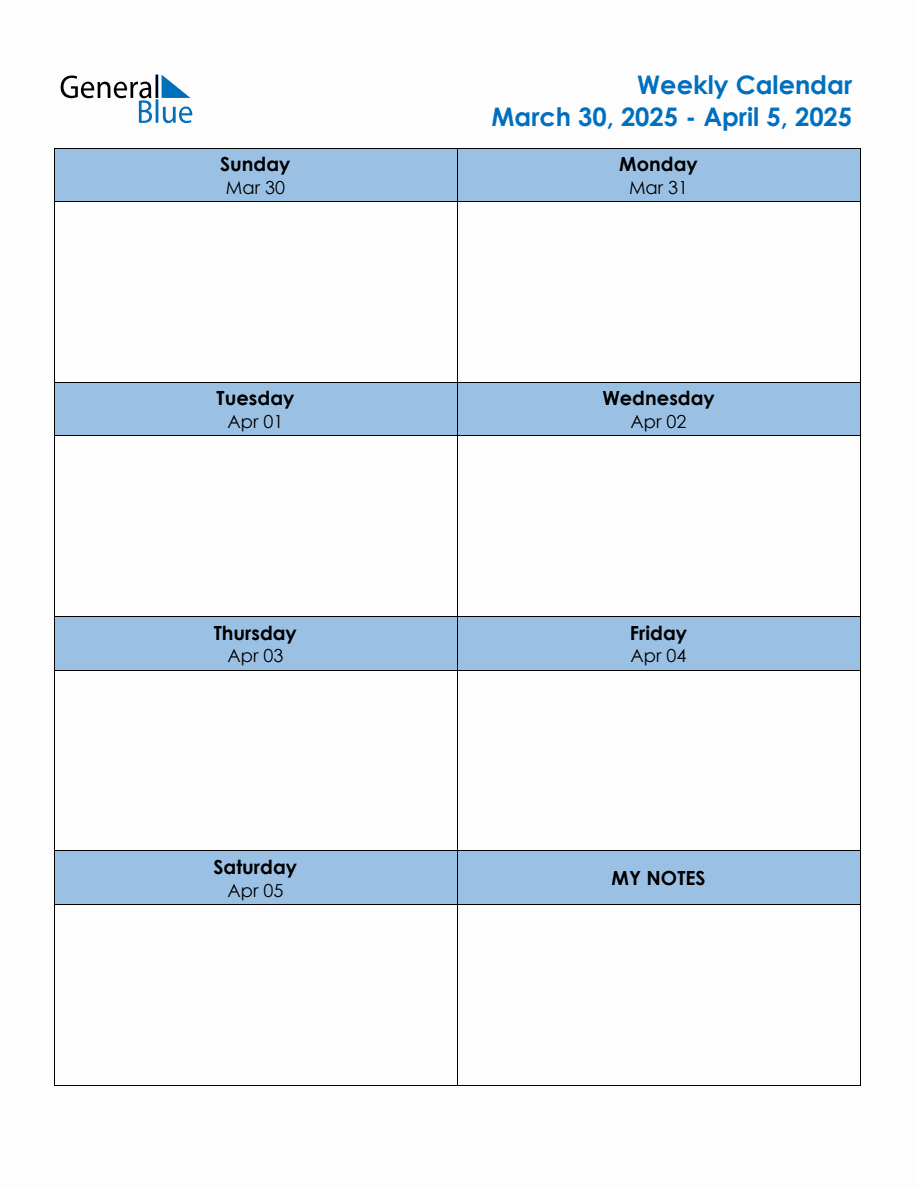 Editable Weekly Planner for the Week of March 30, 2025