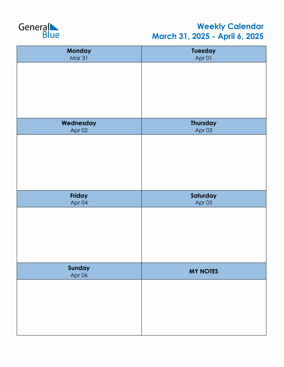 Editable Weekly Planner for the Week of March 31, 2025