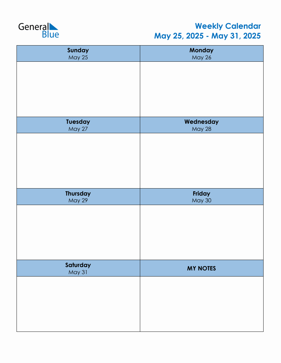 Editable Weekly Planner for the Week of May 25, 2025