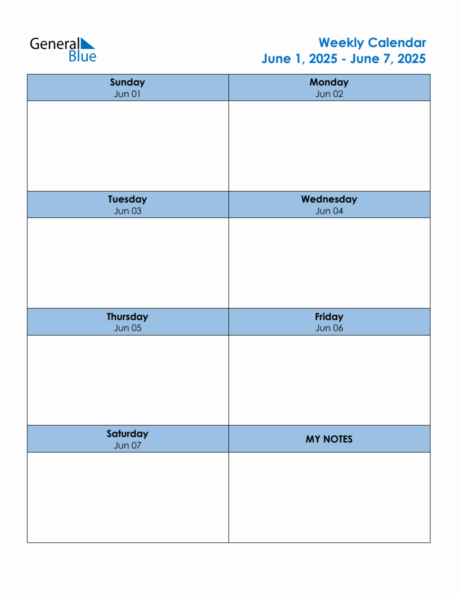 Editable Weekly Planner for the Week of June 1, 2025