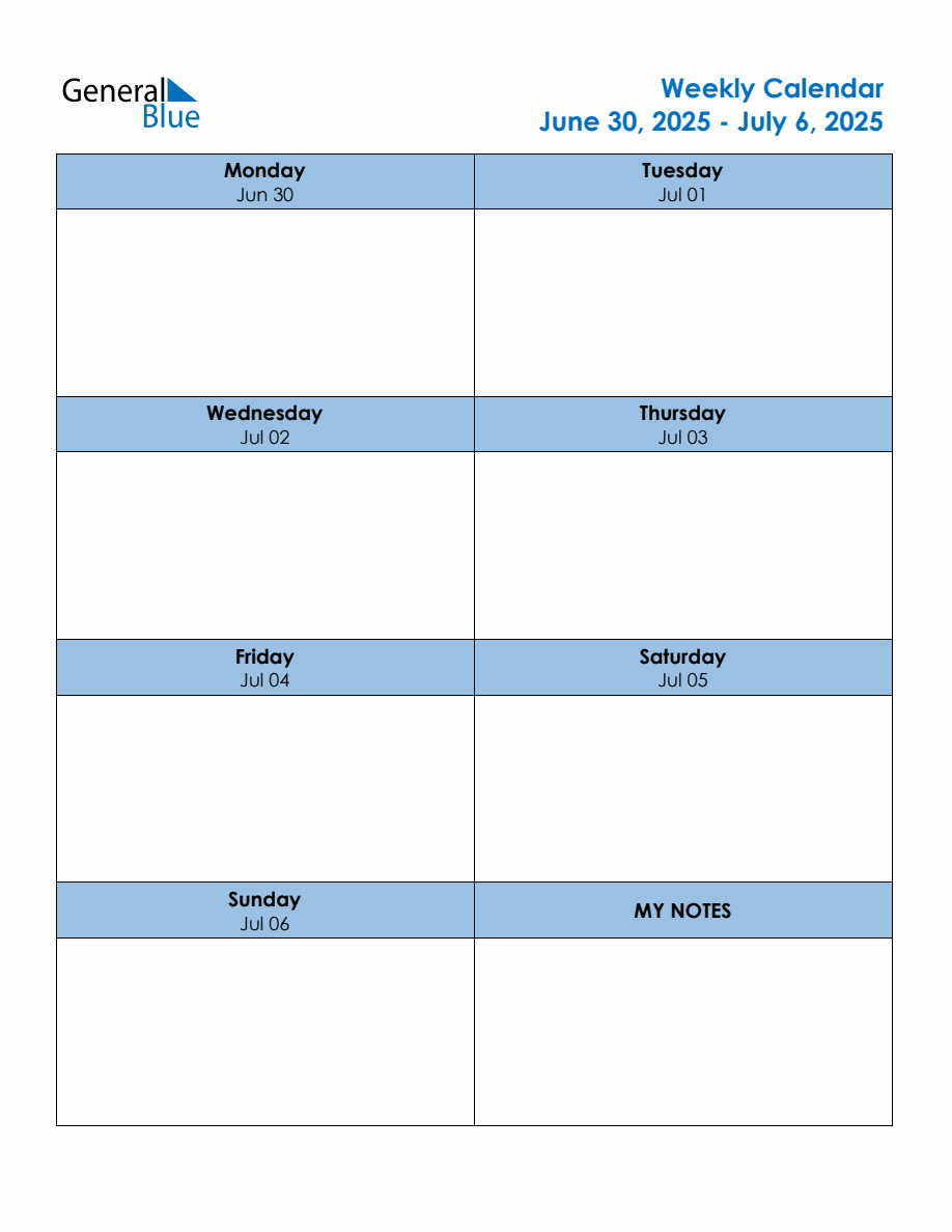 Editable Weekly Planner for the Week of June 30, 2025