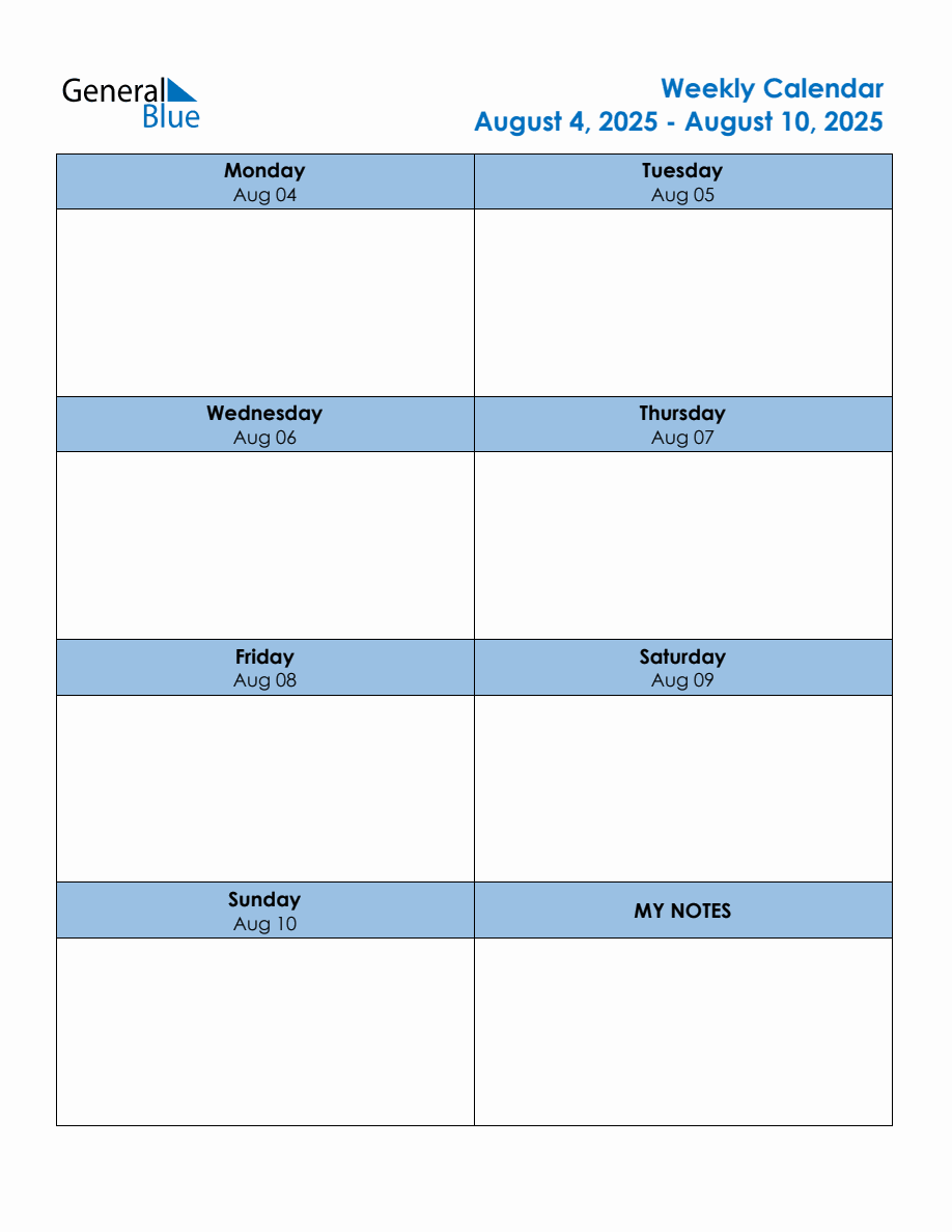 Editable Weekly Planner for the Week of August 4, 2025