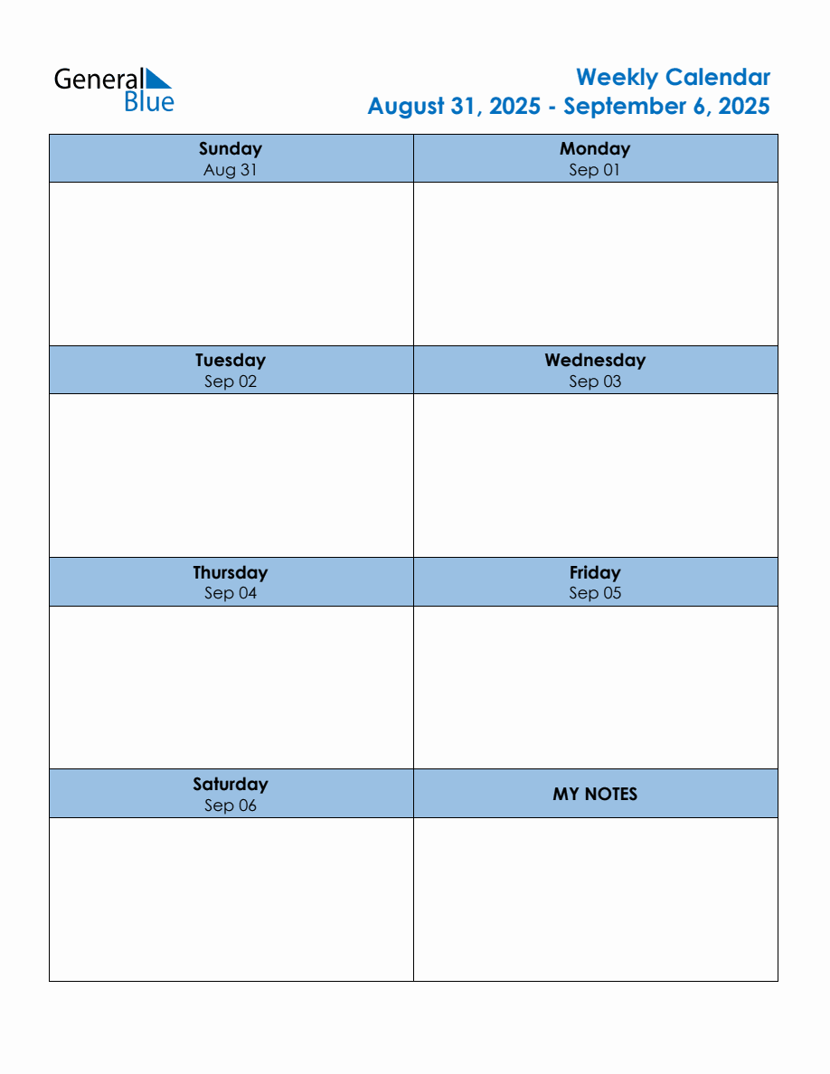 Editable Weekly Planner for the Week of August 31, 2025