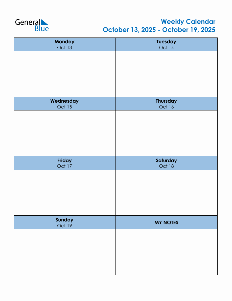 Editable Weekly Planner for the Week of October 13, 2025