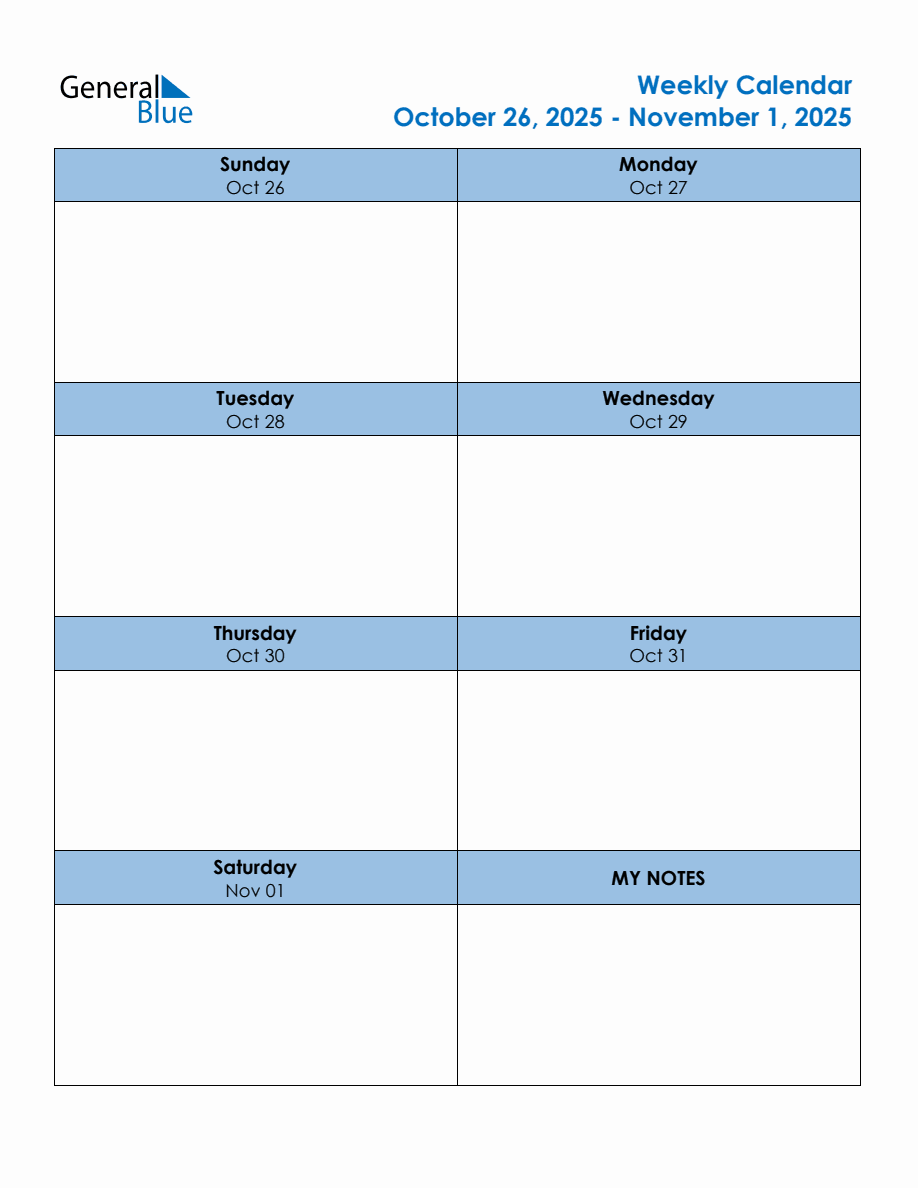 Editable Weekly Planner for the Week of October 26, 2025