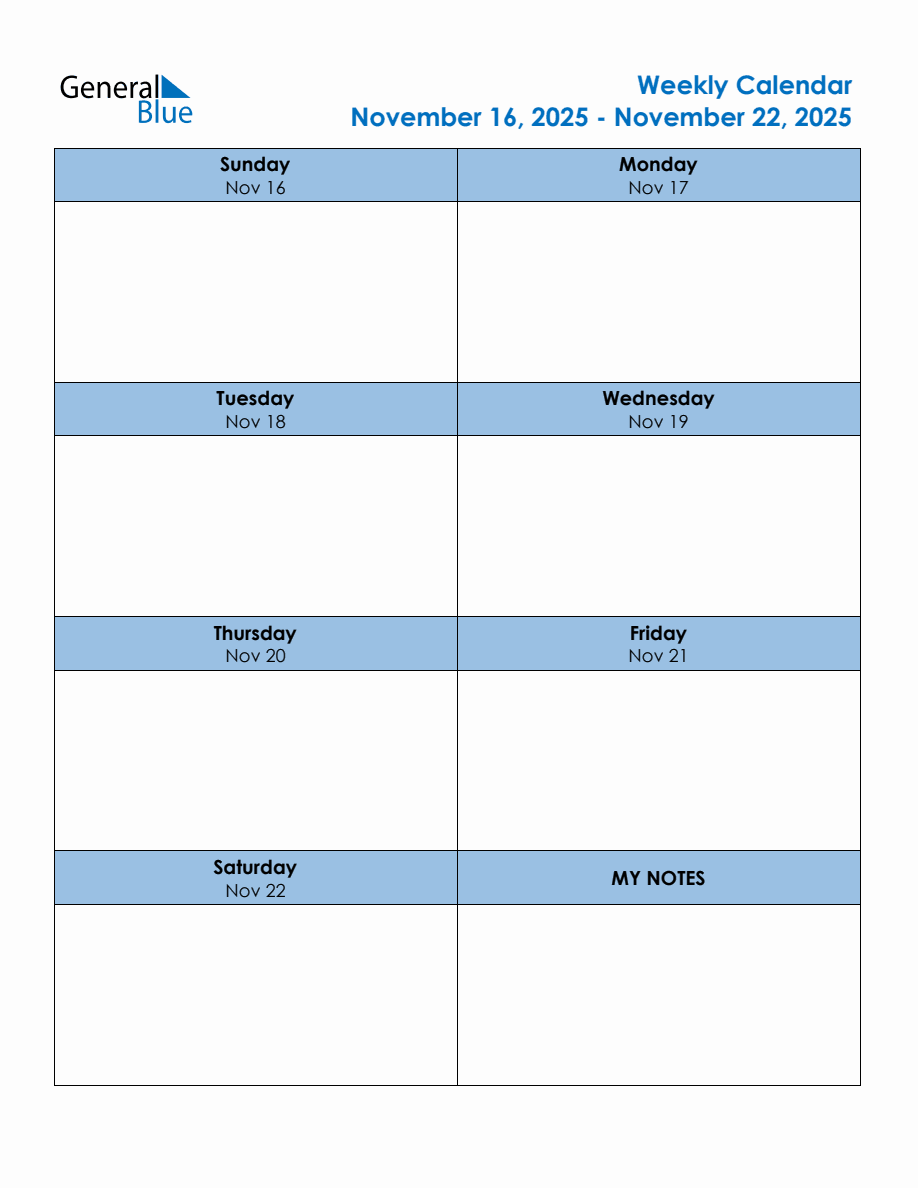 Editable Weekly Planner for the Week of November 16, 2025