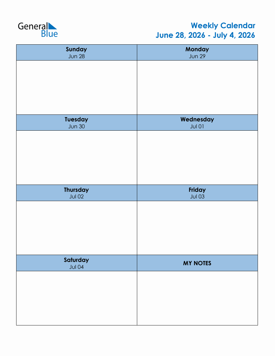 Editable Weekly Planner for the Week of June 28, 2026