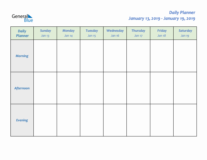 Daily Planner With Sunday Start for Week 3 of 2019