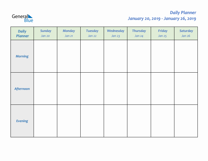 Daily Planner With Sunday Start for Week 4 of 2019