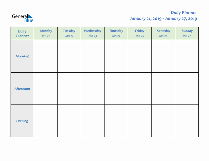 Daily Planner With Monday Start for Week 4 of 2019