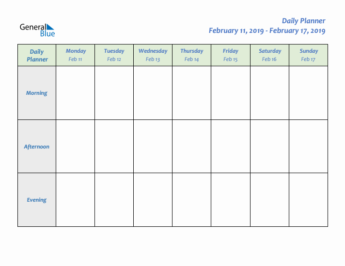 Daily Planner With Monday Start for Week 7 of 2019