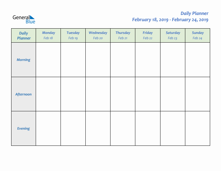 Daily Planner With Monday Start for Week 8 of 2019