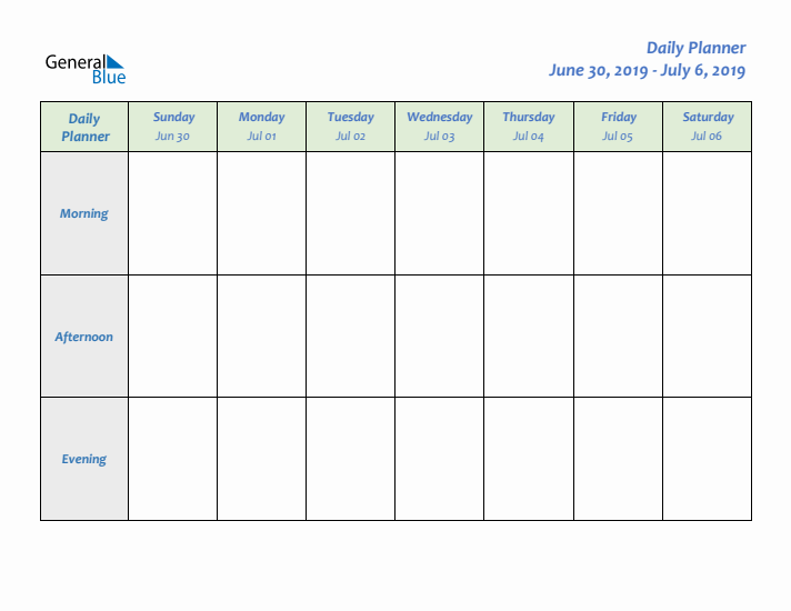 Daily Planner With Sunday Start for Week 27 of 2019