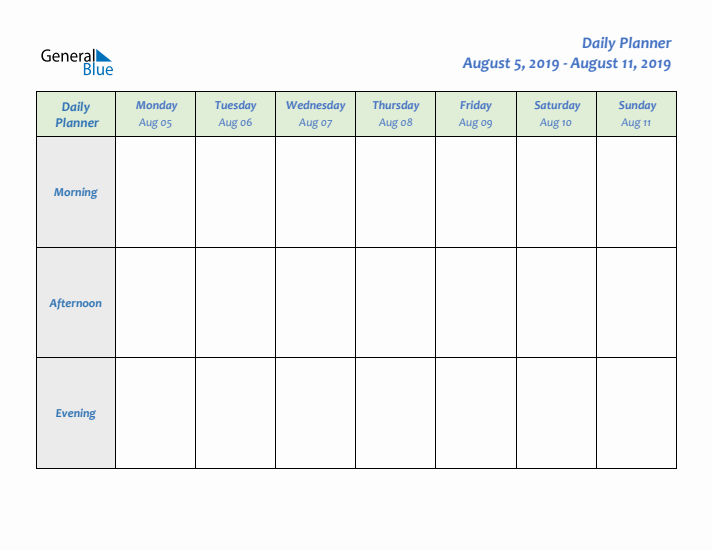Daily Planner With Monday Start for Week 32 of 2019