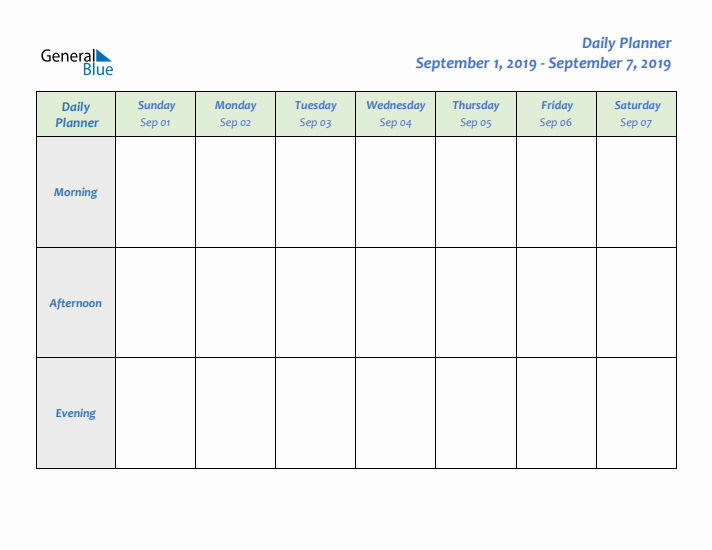 Daily Planner With Sunday Start for Week 36 of 2019