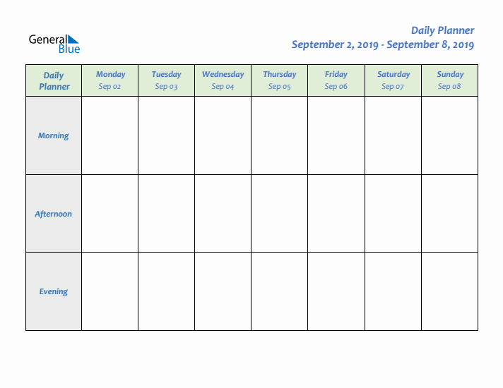 Daily Planner With Monday Start for Week 36 of 2019