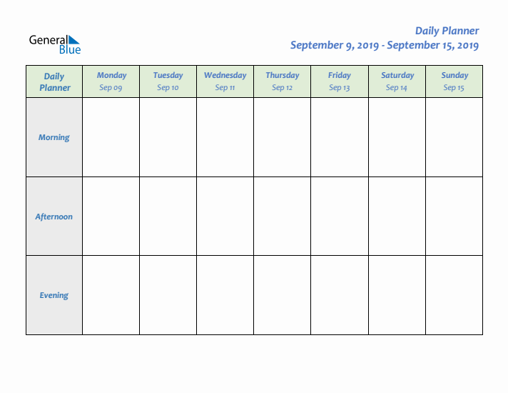 Daily Planner With Monday Start for Week 37 of 2019