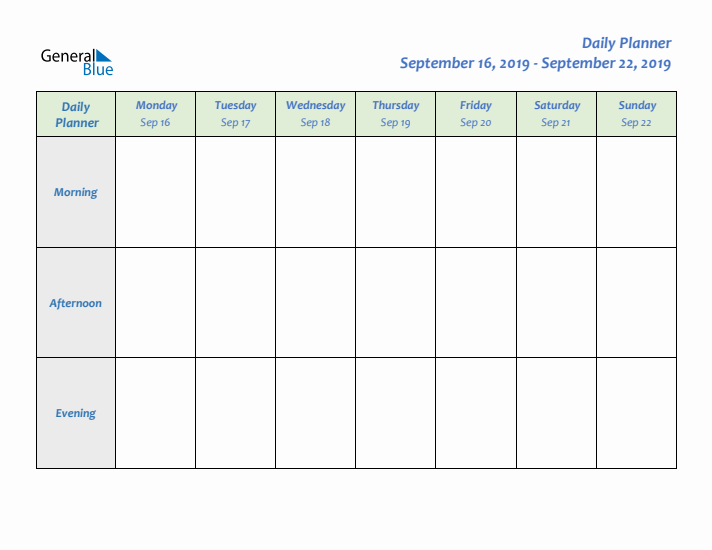 Daily Planner With Monday Start for Week 38 of 2019