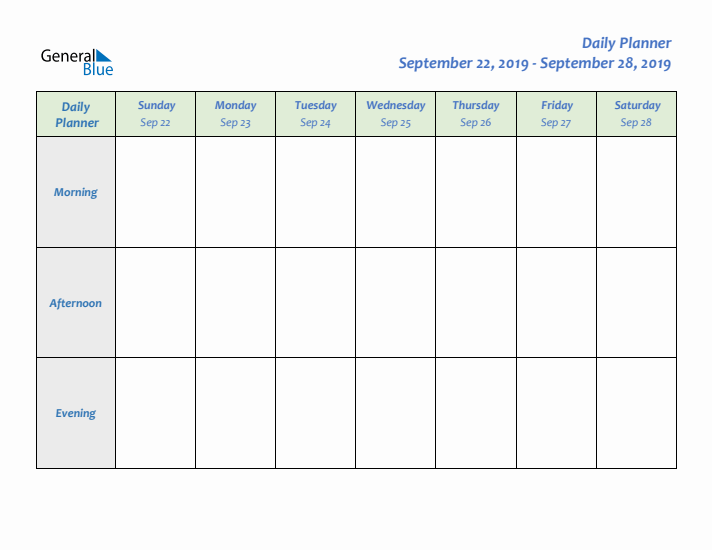 Daily Planner With Sunday Start for Week 39 of 2019