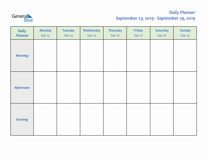 Daily Planner With Monday Start for Week 39 of 2019