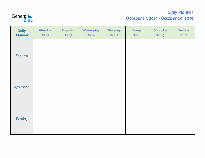 Daily Planner With Monday Start for Week 42 of 2019