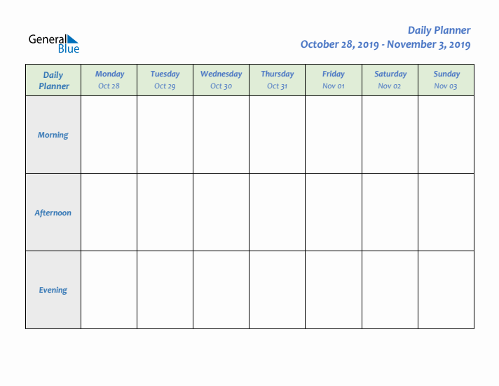 Daily Planner With Monday Start for Week 44 of 2019