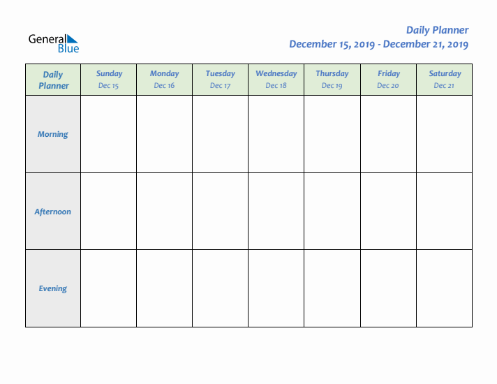 Daily Planner With Sunday Start for Week 51 of 2019