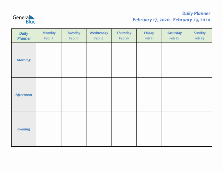Daily Planner With Monday Start for Week 8 of 2020
