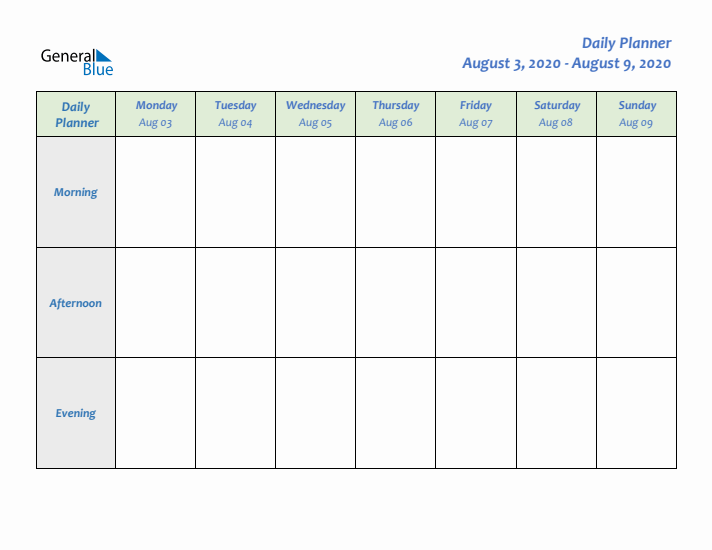 Daily Planner With Monday Start for Week 32 of 2020