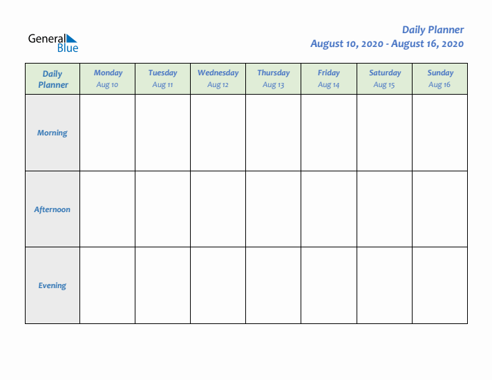 Daily Planner With Monday Start for Week 33 of 2020