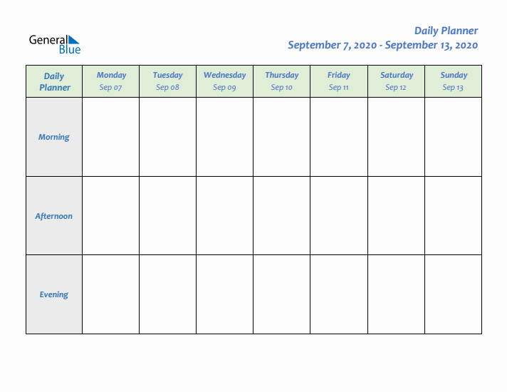 Daily Planner With Monday Start for Week 37 of 2020
