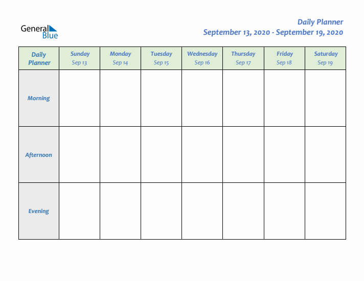 Daily Planner With Sunday Start for Week 38 of 2020