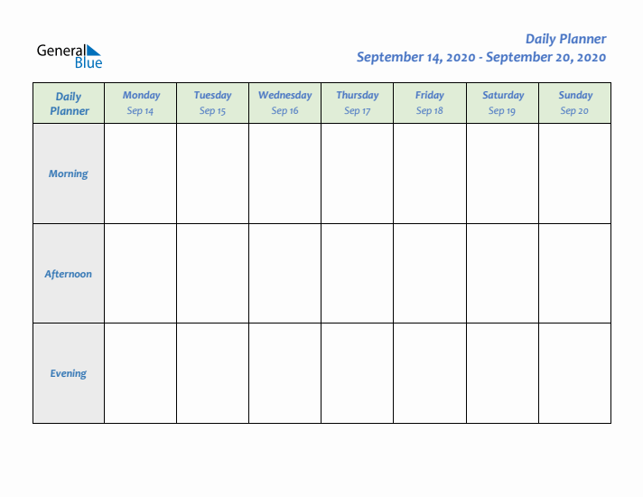 Daily Planner With Monday Start for Week 38 of 2020