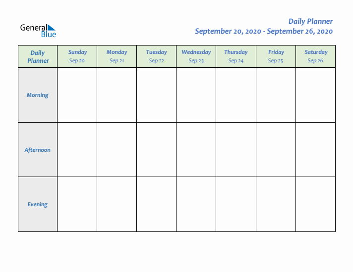 Daily Planner With Sunday Start for Week 39 of 2020