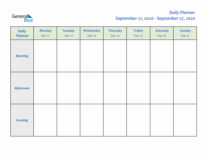 Daily Planner With Monday Start for Week 39 of 2020