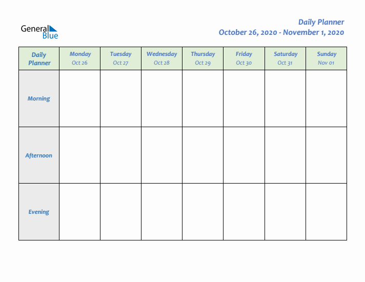 Daily Planner With Monday Start for Week 44 of 2020