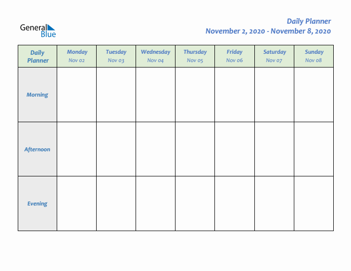 Daily Planner With Monday Start for Week 45 of 2020