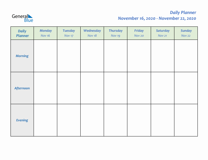 Daily Planner With Monday Start for Week 47 of 2020