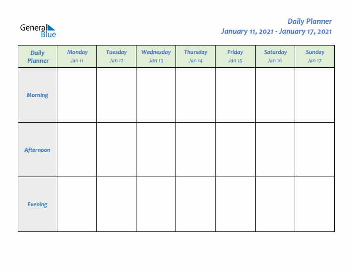 Daily Planner With Monday Start for Week 2 of 2021