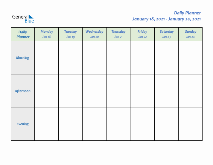 Daily Planner With Monday Start for Week 3 of 2021