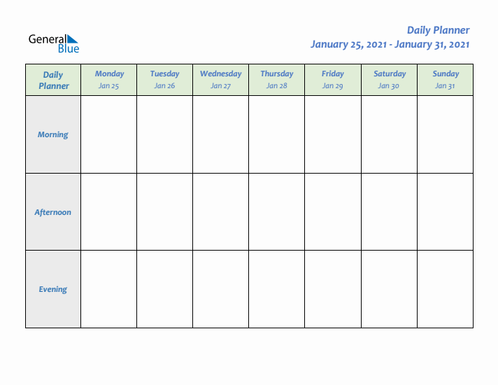 Daily Planner With Monday Start for Week 4 of 2021