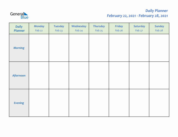 Daily Planner With Monday Start for Week 8 of 2021