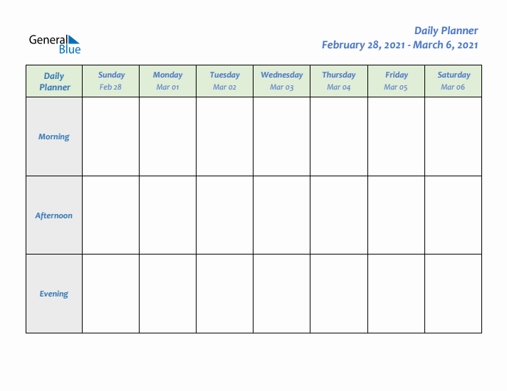 Daily Planner With Sunday Start for Week 10 of 2021