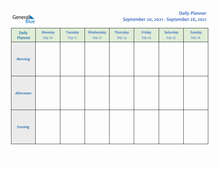 Daily Planner With Monday Start for Week 38 of 2021