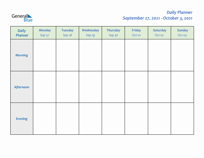 Daily Planner With Monday Start for Week 39 of 2021