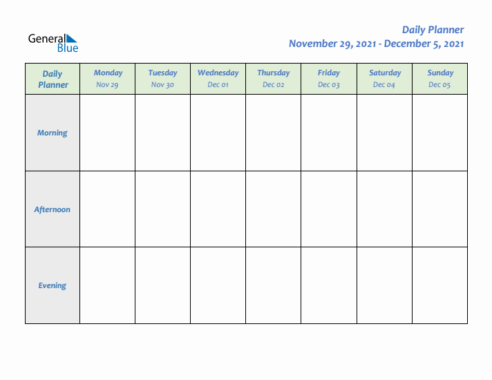 Daily Planner With Monday Start for Week 48 of 2021