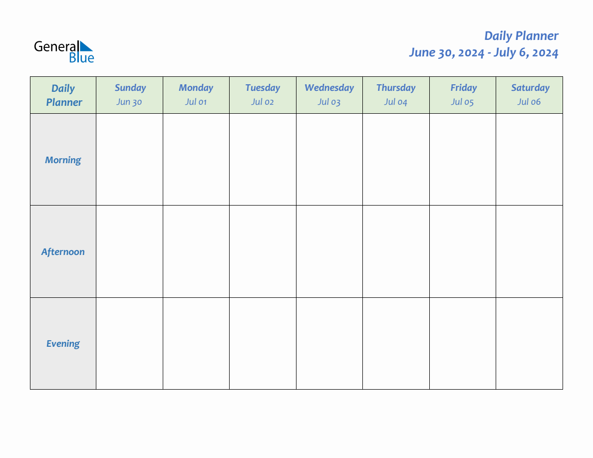 Daily Planner for June 30, 2024 to July 6, 2024