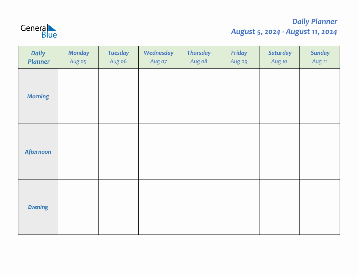 Daily Planner for August 5, 2024 to August 11, 2024