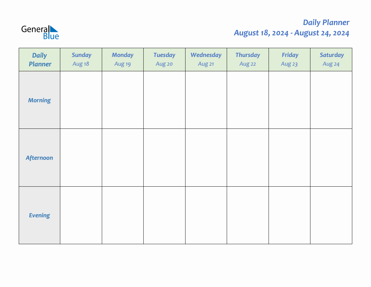 Daily Planner for August 18, 2024 to August 24, 2024