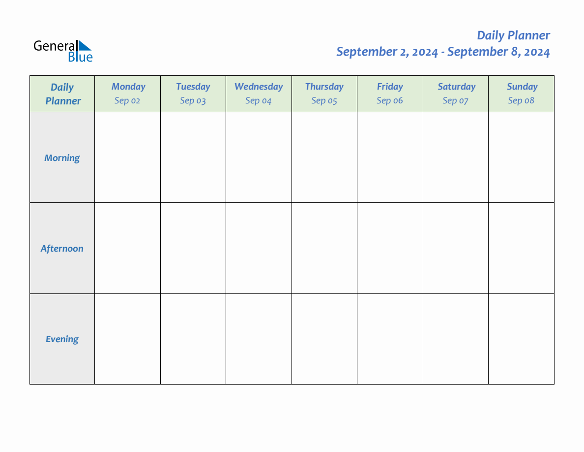 Daily Planner for September 2, 2024 to September 8, 2024